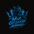 A stylized blue graphic on a black background featuring a wolf head silhouette with sharp angular shapes behind it and the text 'WEAR OFF LEASH APPAREL' in a graffiti-style blue font.