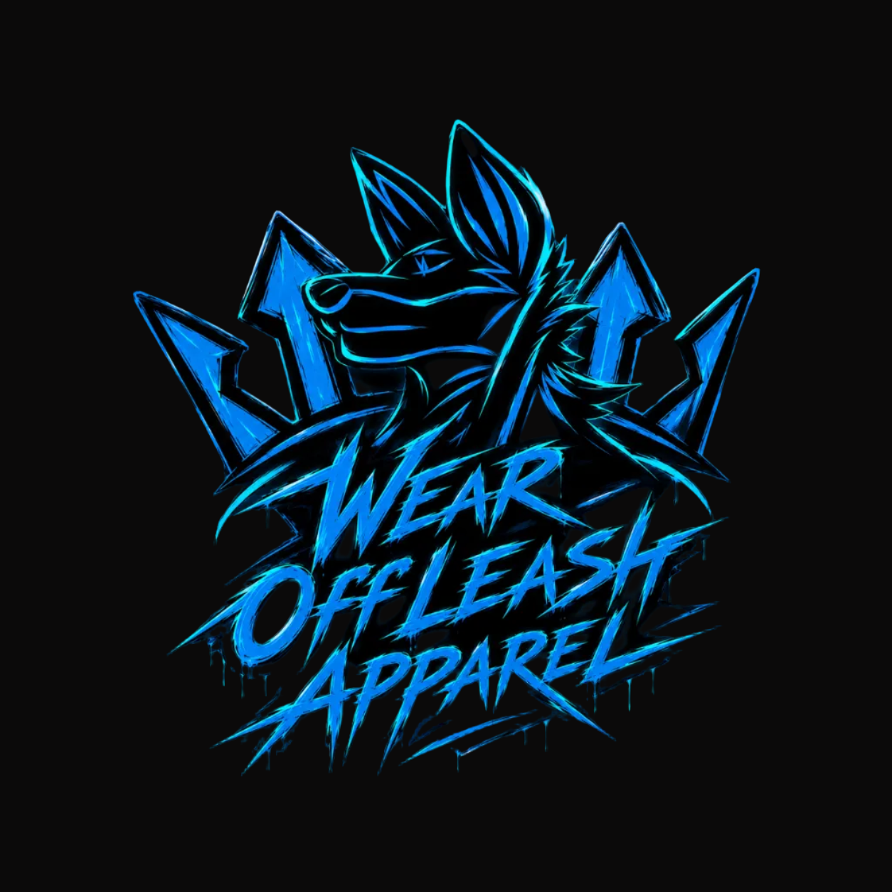 A stylized blue graphic on a black background featuring a wolf head silhouette with sharp angular shapes behind it and the text 'WEAR OFF LEASH APPAREL' in a graffiti-style blue font.